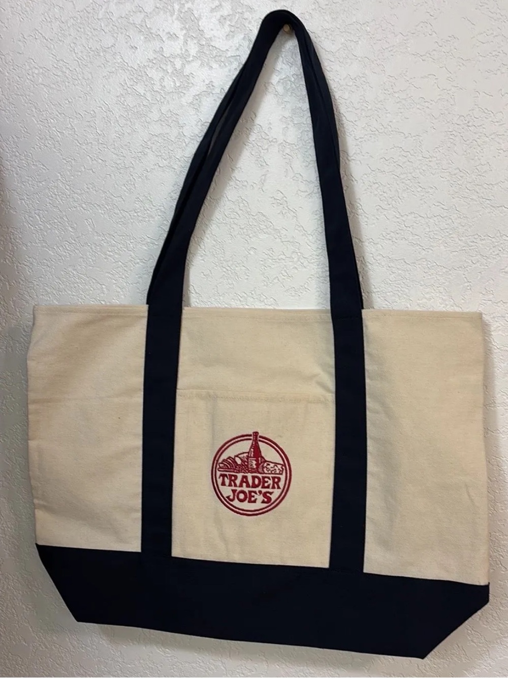 NEW • Trader Joe's LARGE, NAVY blue handles reusable canvas tote bag, Red Logo
